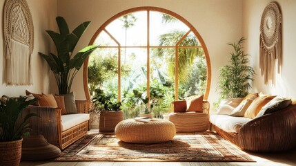 Fototapeta premium Bohemian inspired living room with rattan furniture and a large round window overlooking lush greenery