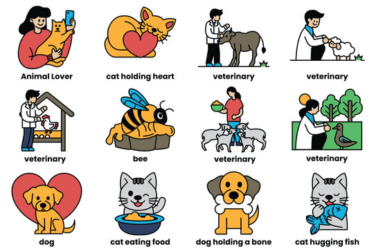 Set of illustrations in the concept of veterinarians and animal clinics in a line style