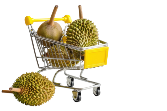A playful display of spiky durians in a miniature shopping cart against a clean backdrop isolated on transparent background