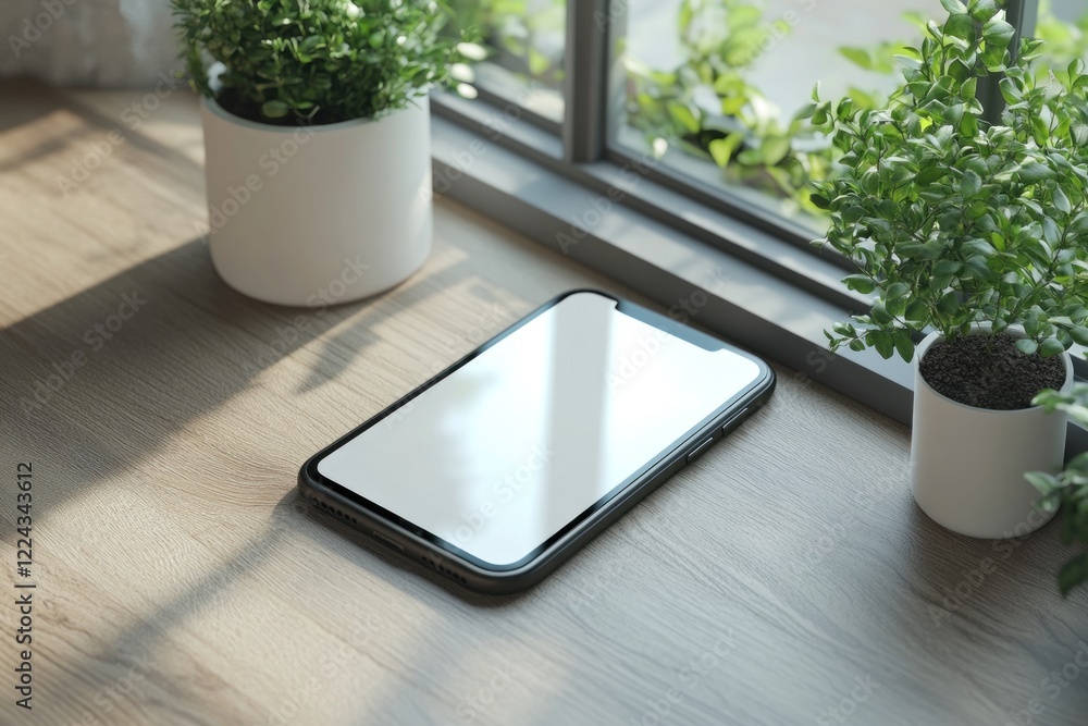 Aufkleber a phone mockup is positioned on a wooden table next to small potted plants. sunlight streams in from