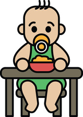 A baby is sitting at a table with a bowl of food in front of him