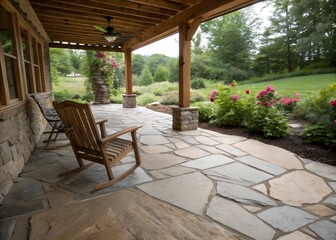 Obraz premium Rustic patio with stone flooring and wooden chair