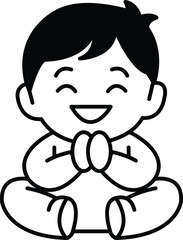 A smiling baby is sitting on the ground with his hands clasped together