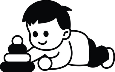 A baby is laying on the ground and playing with a stack of blocks