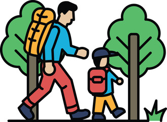 A man and a child are walking together in a forest