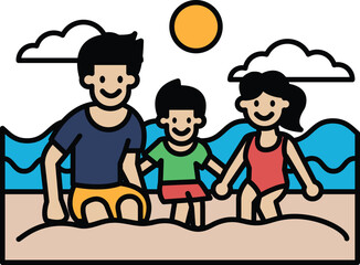 A man, a boy and a girl are sitting on the beach