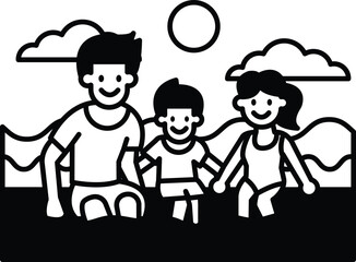 A family of three is walking together in a park