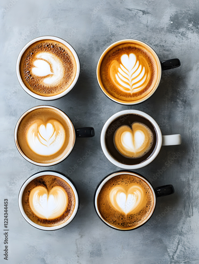 Poster Six artisan coffee cups with intricately designed latte art flatlay on rustic textured table : Generative AI