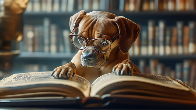 dog with glasses reading a book, AI generated
