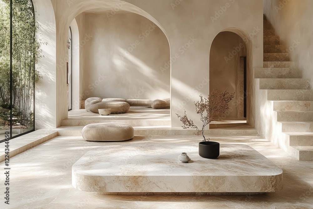 Poster minimalist round marble table with soft shadows on white wall for product display in scandinavian de