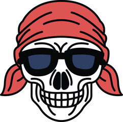 A skull with sunglasses and a red bandana on its head