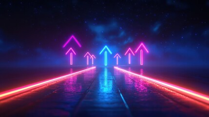 Neon Arrows Rising Up Abstract Geometric Background in Synthwave Style