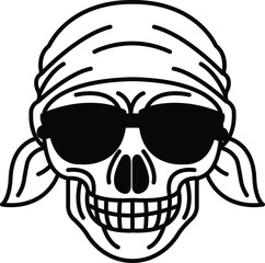 A skull with sunglasses and a bandana on its head