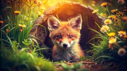 Fototapeta premium Adorable Red Fox Kit Near Burrow - Vintage Style Wildlife Photo
