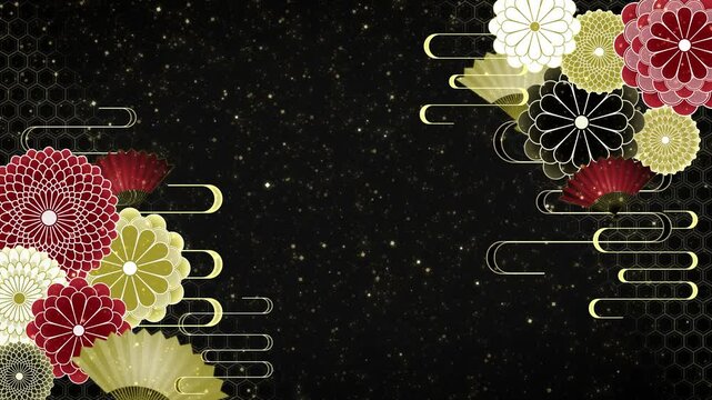 菊の花のイラスト　扇と模様のアニメーション　キラキラが降る和風の背景【黒】