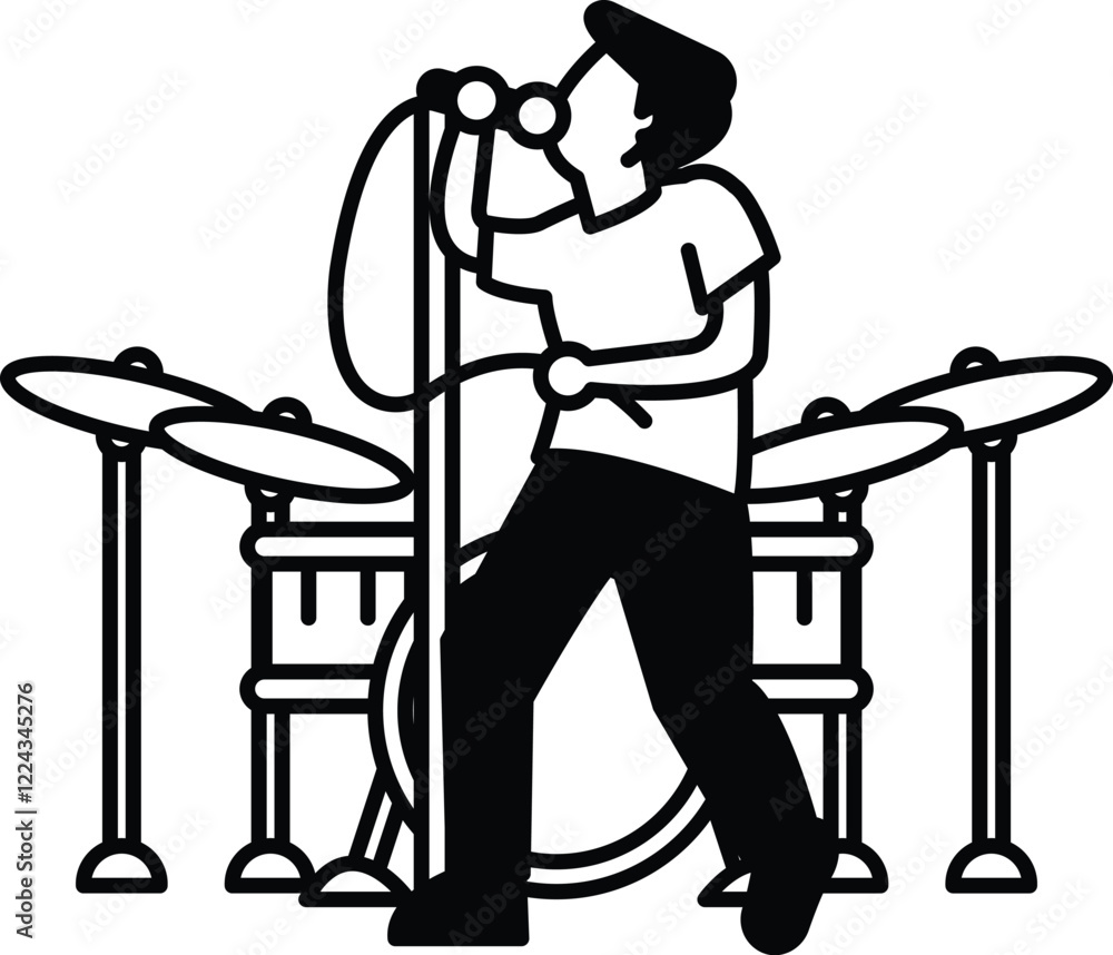 Poster a man is singing into a microphone while standing in front of a drum set