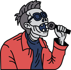 A skeleton singing into a microphone