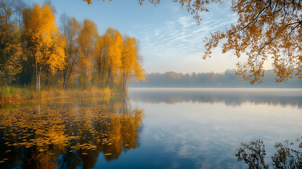 Obraz premium Serene Autumn Landscape with Golden Trees Reflecting in Calm Lake Tranquil Nature Scene at Sunrise : Generative AI