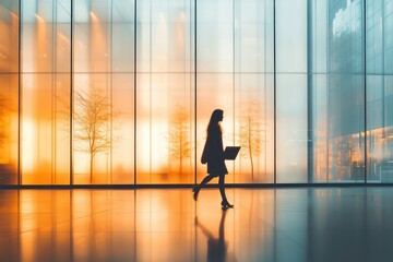 Fototapeta premium Modern office interior with glass walls minimalist design woman walking laptop bright space