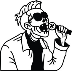 A man in a white shirt and black tie singing into a microphone