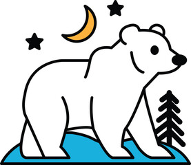 A cartoon bear is walking on a snowy hill with a moon in the sky
