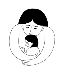 Child crying on mother hug in outline hand drawn.