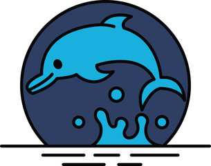 A blue dolphin is leaping out of the water