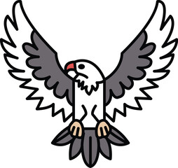 A cartoon drawing of a bird with its wings spread out