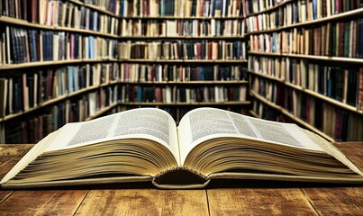 Naklejka premium Open book on wooden table in library, blurred bookshelves background, ideal for education or literature projects