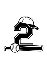 Naklejka premium Baseball Icon with Number 2 Design , Black and white sports-themed graphic featuring a baseball bat, ball, cap, and bold number 