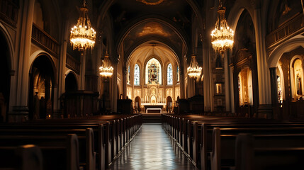 Fototapeta premium Majestic Interior of Historic Cathedral Illuminated by Grand Chandeliers During Evening Service : Generative AI