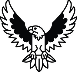 A black and white drawing of an eagle with its wings spread out