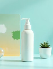 Elegant White Pump Bottle on Teal Background for Skincare Product