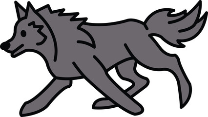A grey wolf is running across a white background