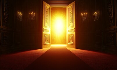 Open door with bright light in dark elegant room, red carpet leading to entrance, ideal for hope or opportunity concepts