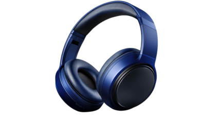 A sleek pair of blue wireless headphones resting elegantly on a minimalist surface