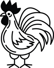 A rooster is standing on two legs with its head turned to the side