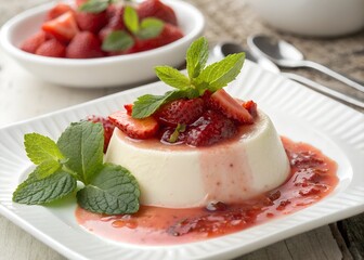 Elegant Vanilla Panna Cotta with Strawberry Compote and Mint Garnish