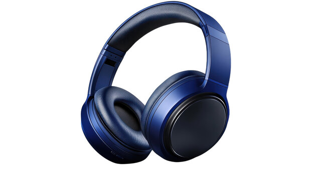 A sleek pair of blue wireless headphones resting elegantly on a minimalist surface