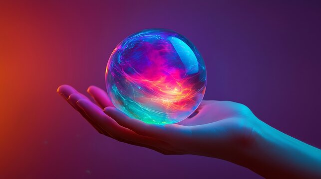 A hand holding a glowing colorful orb high quality 