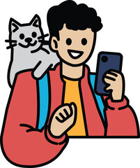 A man is holding a cell phone and smiling while a cat sits on his shoulder