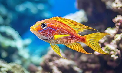 Obraz premium Orange fish swims in coral reef aquarium, vibrant underwater life