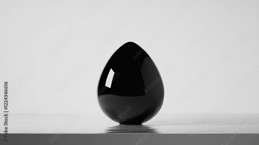 Poster a single black teardrop shaped object rests on a surface