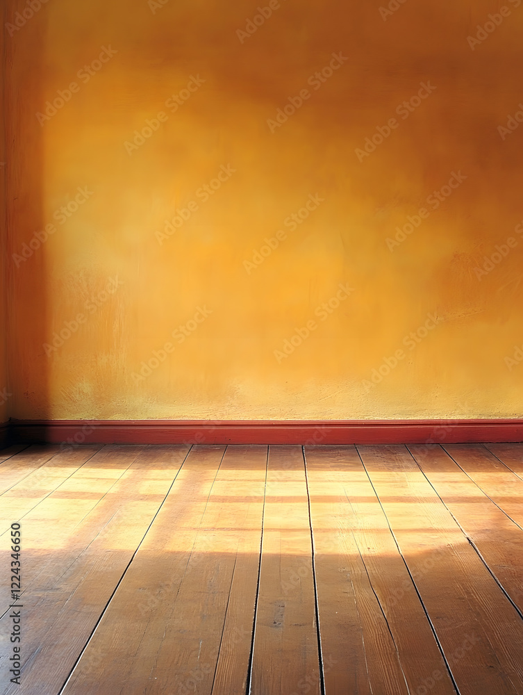 Poster golden sunlit wall with wooden floor creating warm and inviting ambiance : generative ai