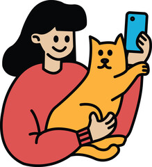 A woman is holding a cat and taking a picture of it with her phone