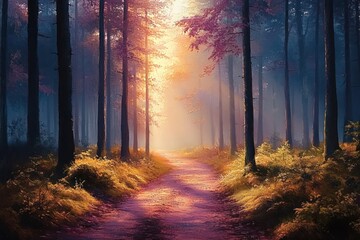 Obraz premium Forest Trail Hiking Path in Autumn Light with Colorful Foliage and Soft Sunlight through Trees