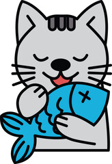 A cartoon cat is holding a blue fish in its mouth