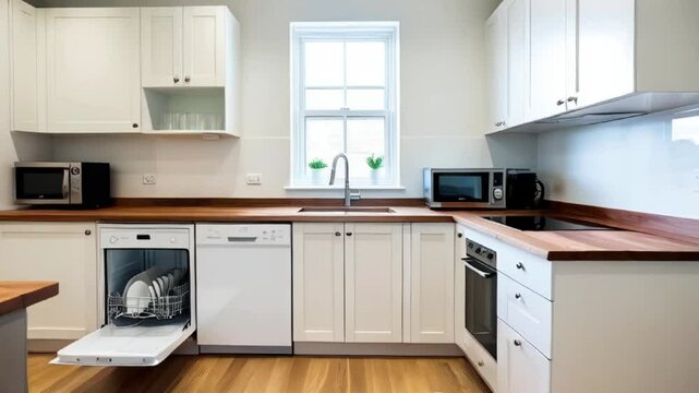 Modern kitchen with white cabinets and wooden countertops, Property Interior White Fitted Kitchen, Kitchen HDR, created with generative ai