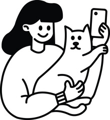 A woman is holding a cat and taking a picture of it with her phone