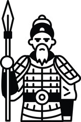 A man in a black and white drawing is holding a spear
